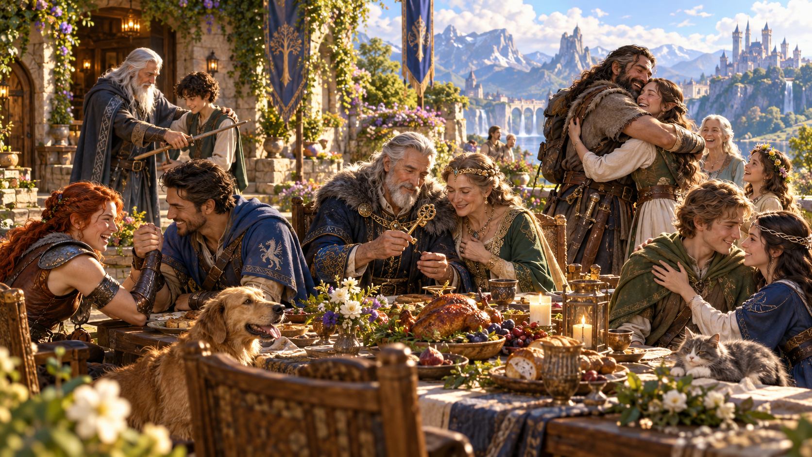 Illustration of generations gathering at a garden table with a mentor a child and an older couple sharing a key