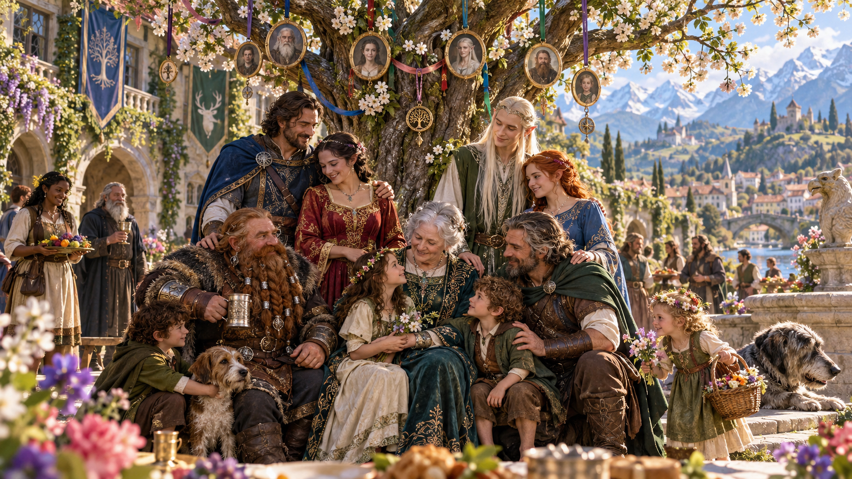 Illustration of several generations gathered beneath a flowering tree with family portraits