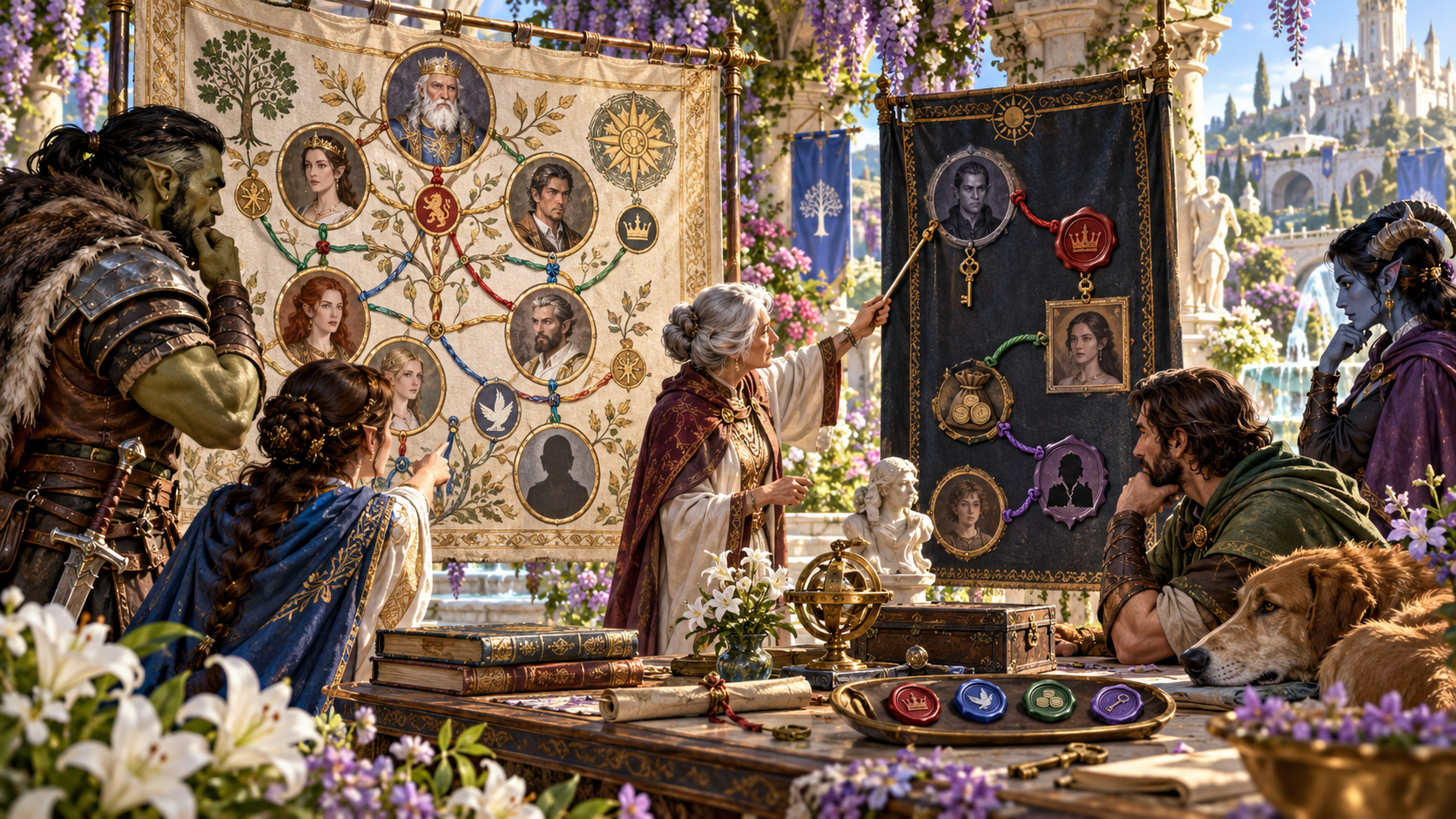 Illustration of people reviewing a family portrait tree and a separate panel of private connections